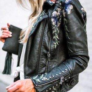 Floral Night Leather Jacket by Qual-, womens's size Large